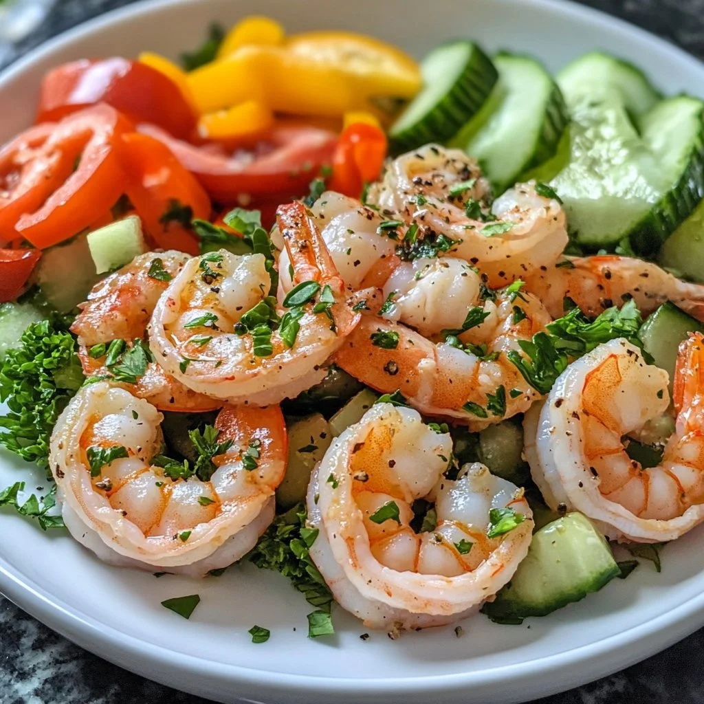 Fresh shrimp salad with vegetables and dressing on a plate