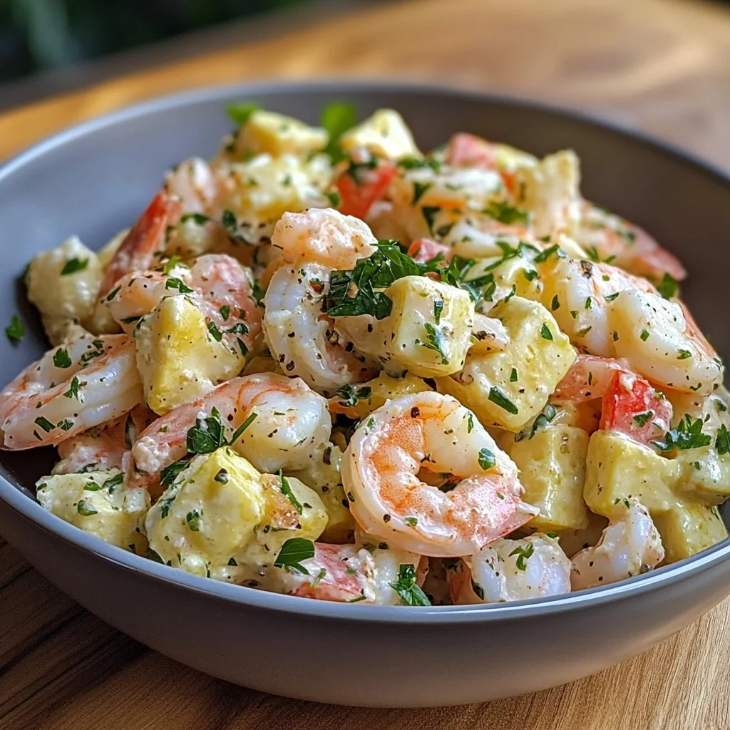 Delicious shrimp salad with fresh vegetables and dressing