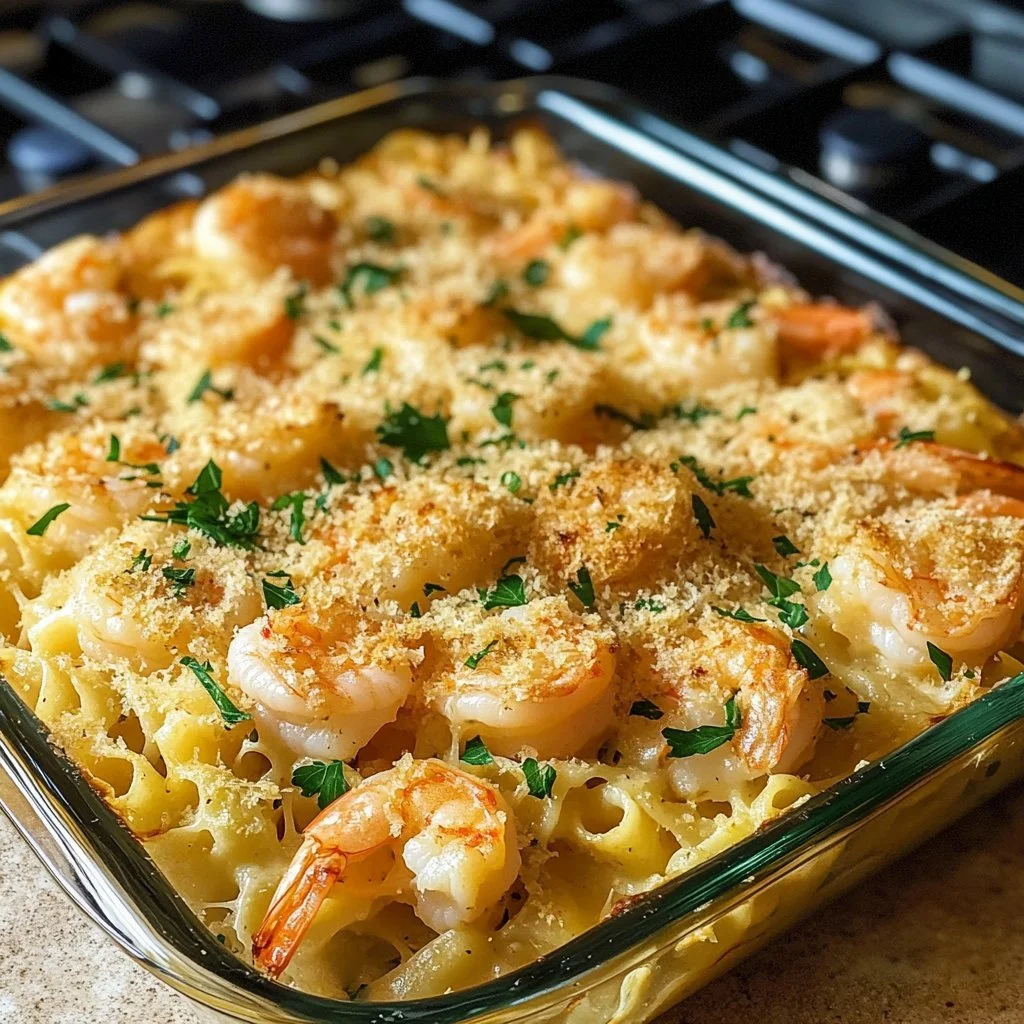 Creamy Shrimp Scampi Pasta Bake topped with breadcrumbs and herbs