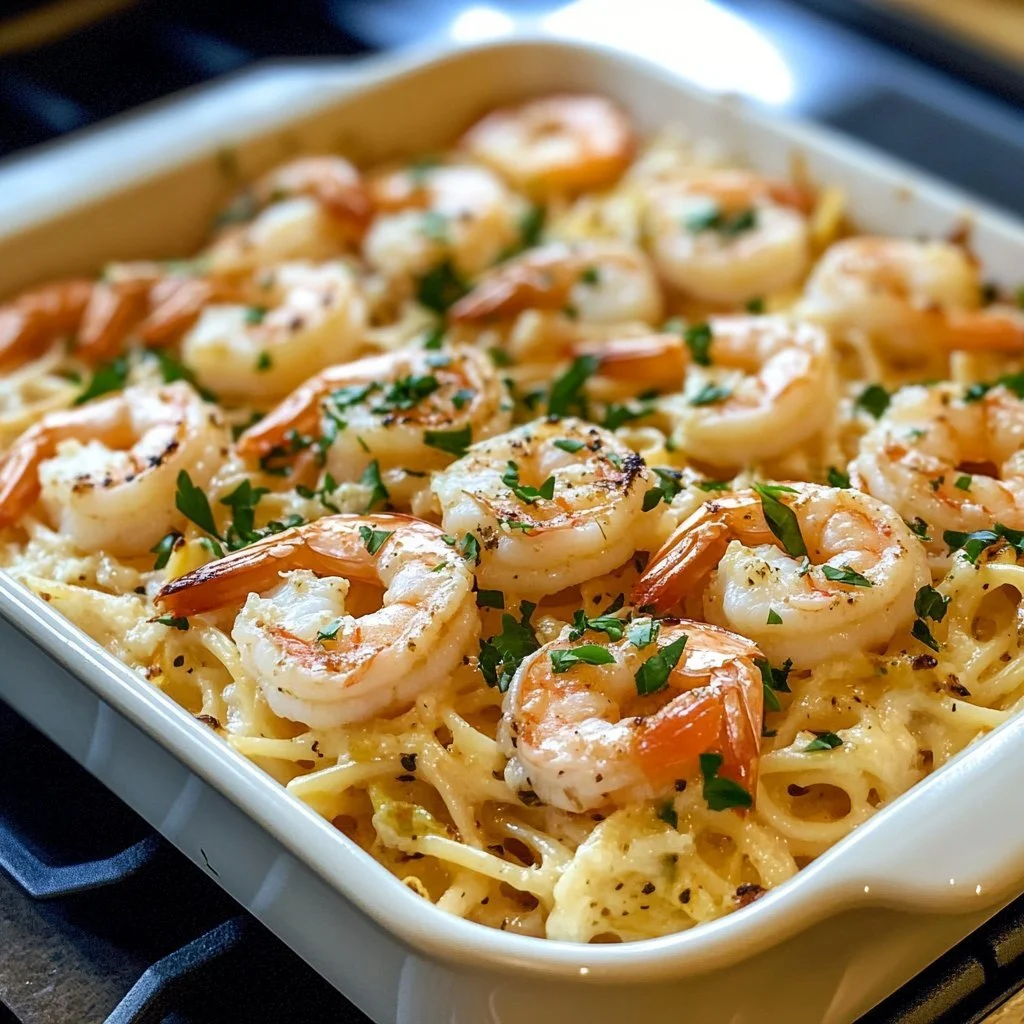 Shrimp Scampi Pasta Bake featuring succulent shrimp in a creamy sauce with pasta.