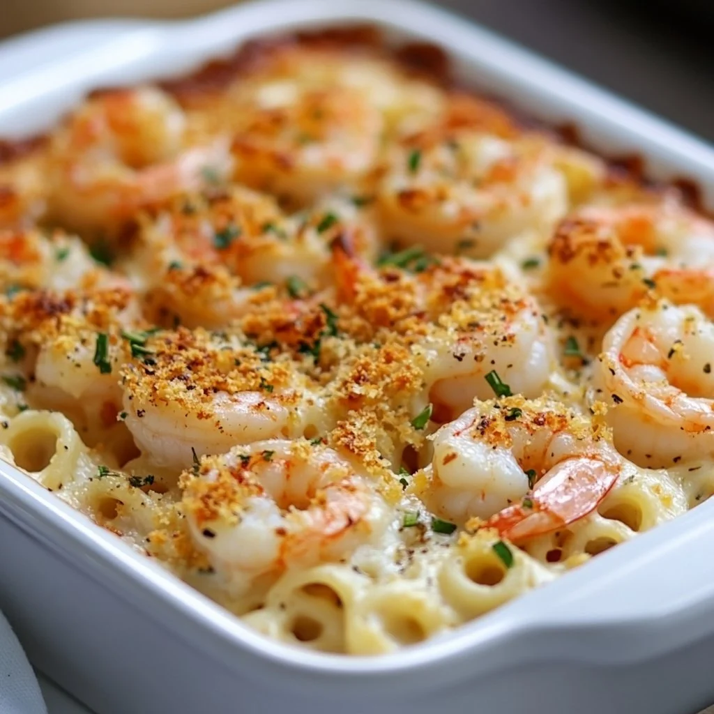 Shrimp Scampi Pasta Bake served in a dish with herbs on top