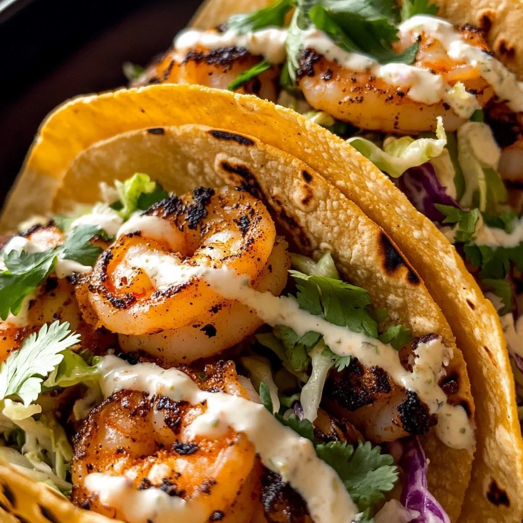 Plated shrimp tacos topped with fresh ingredients and lime wedges