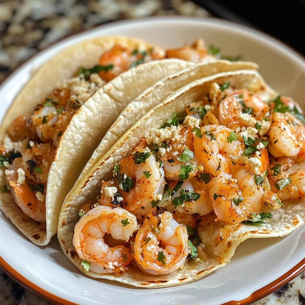 Delicious shrimp tacos garnished with fresh ingredients and lime