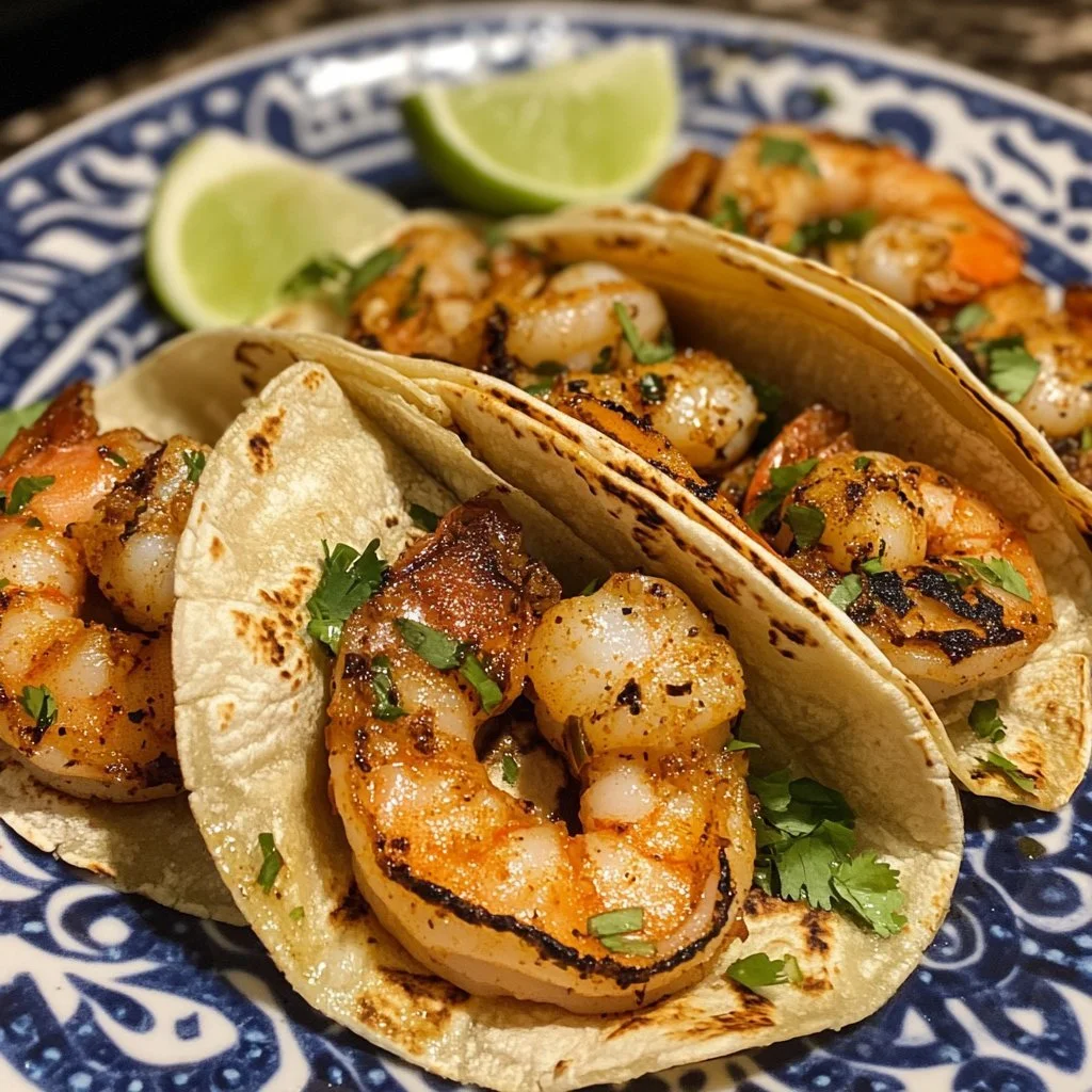 Delicious homemade shrimp tacos served with fresh ingredients and vibrant colors.