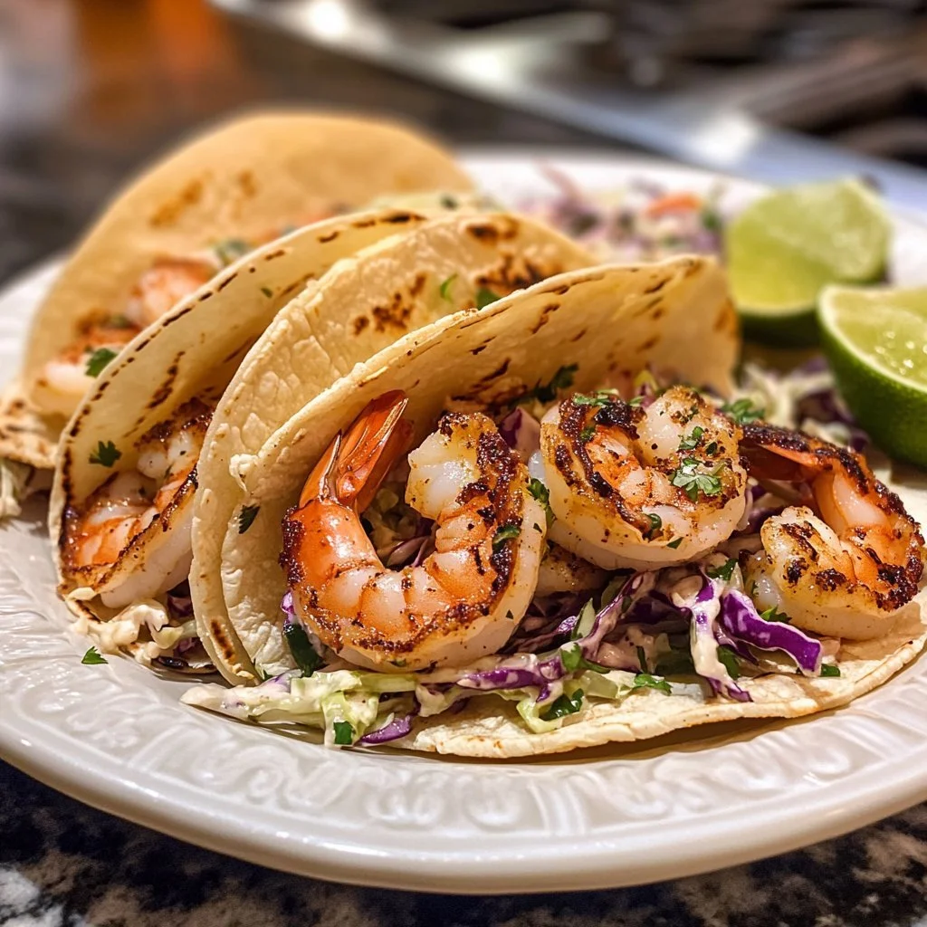 Shrimp tacos topped with cilantro lime slaw on a wooden table