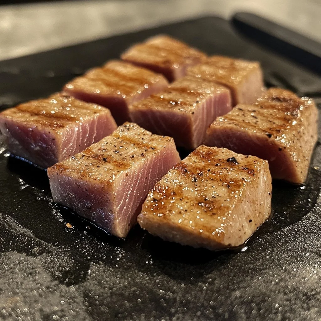 Perfectly seared ahi tuna steaks cooked in six minutes.