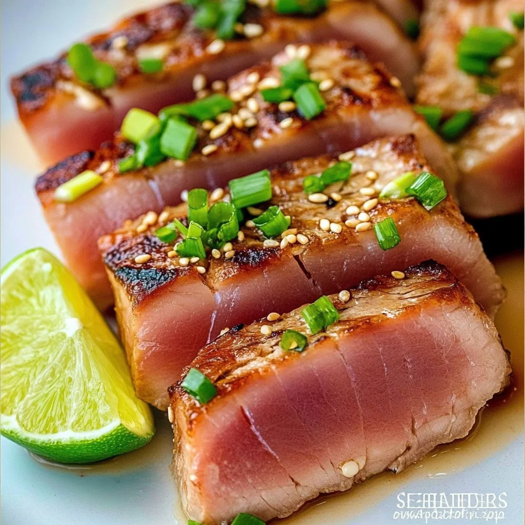 Delicious six-minute seared ahi tuna steaks cooked to perfection.