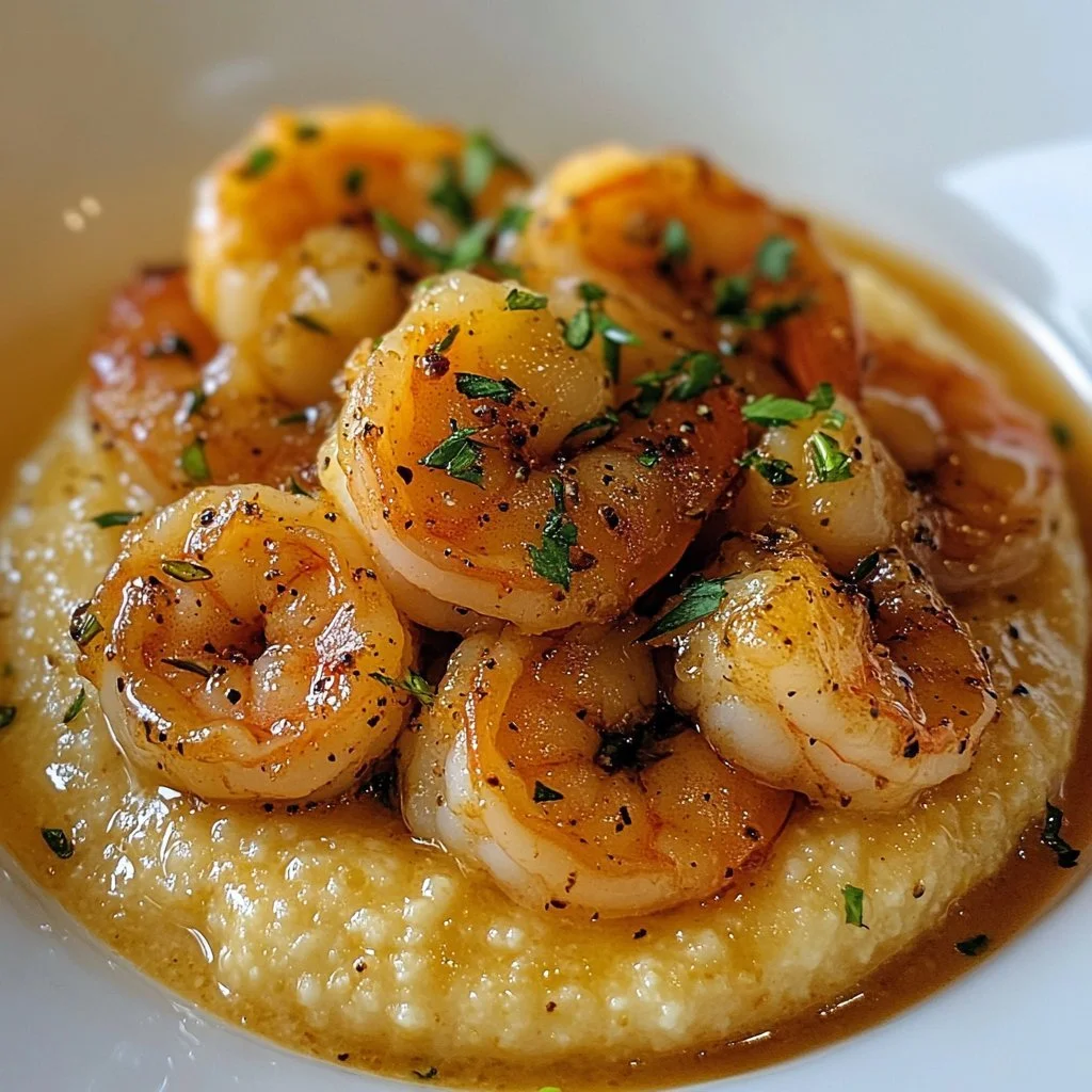 Southern shrimp and grits dish served with seasoning and herbs