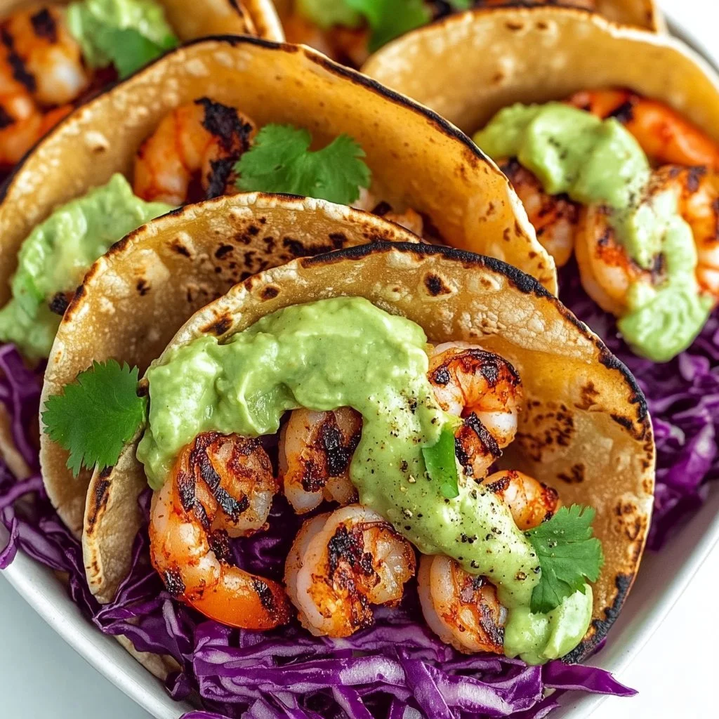 Spicy shrimp tacos garnished with avocado cream on a plate