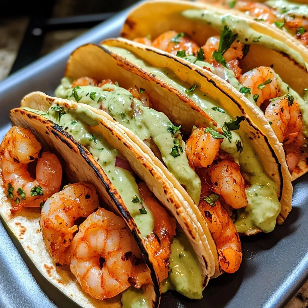Spicy shrimp tacos topped with avocado crema on a plate