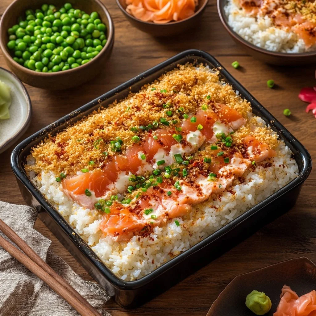 Spicy Tuna and Creamy Crab Sushi Bake dish with toppings served in a baking dish.