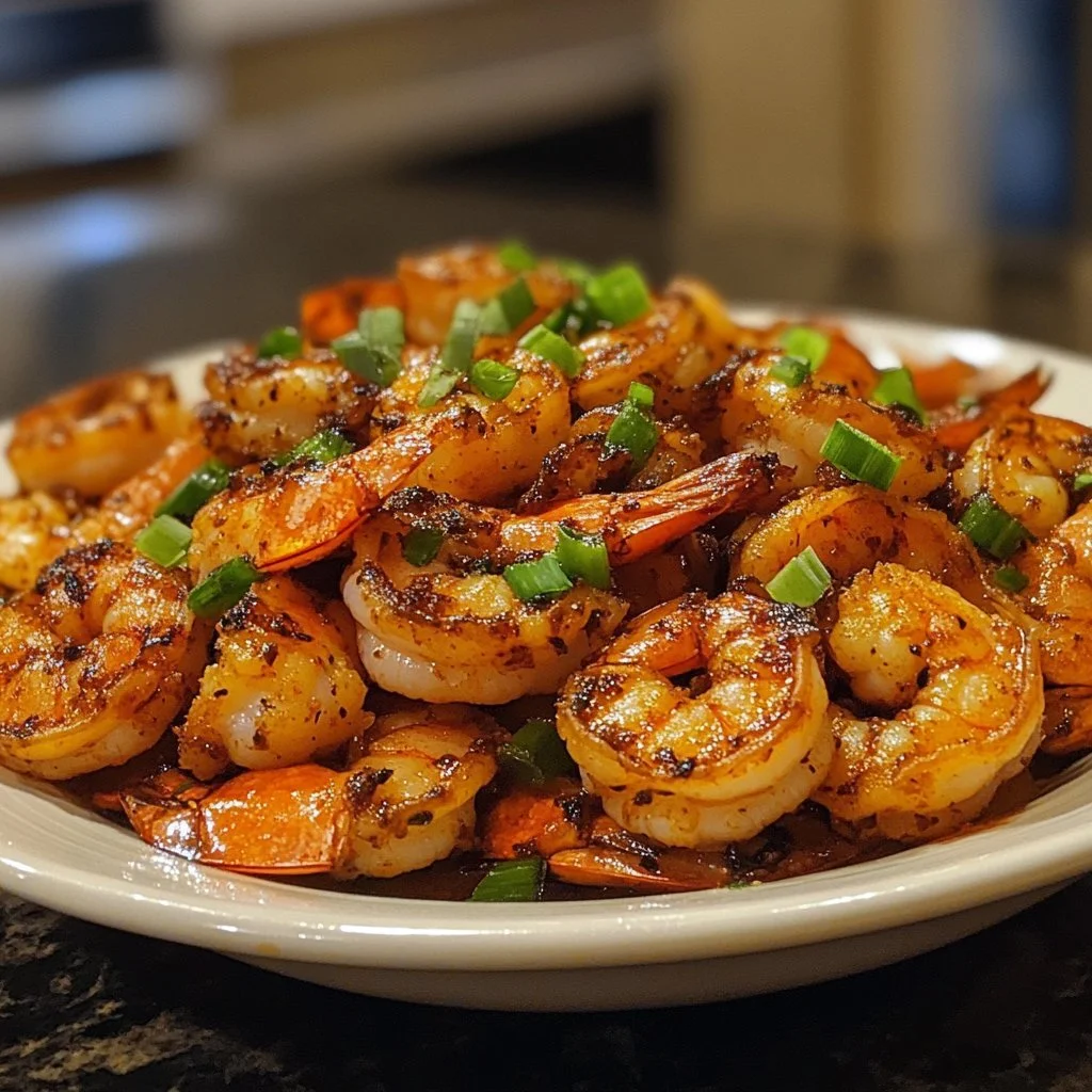 Plate of spicy Voodoo shrimp garnished with herbs and spices
