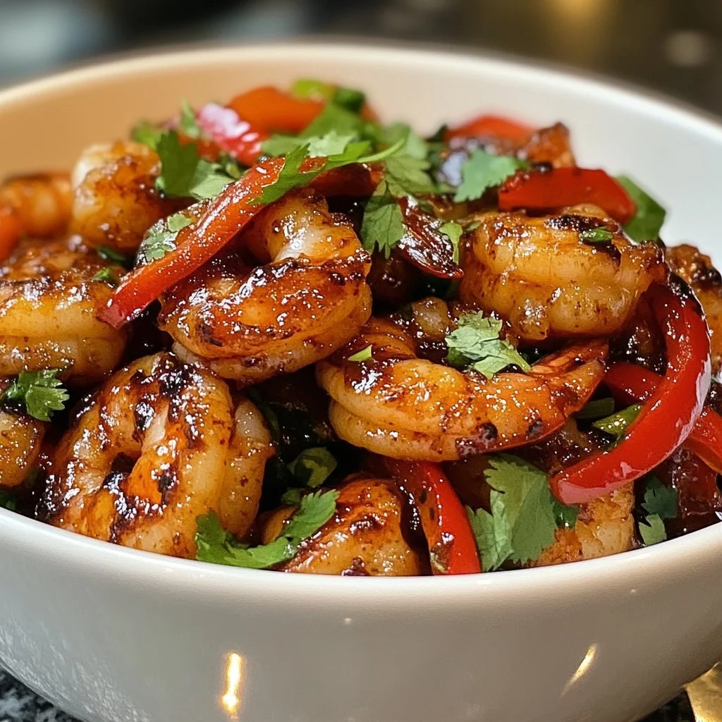 Delicious Spicy Voodoo Shrimp served with rice and garnished with herbs.