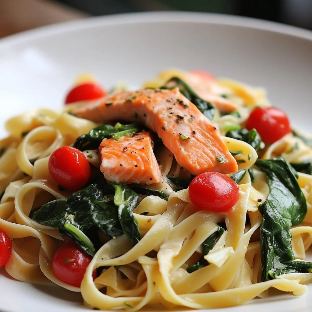 Spinach salmon pasta dish garnished with fresh herbs