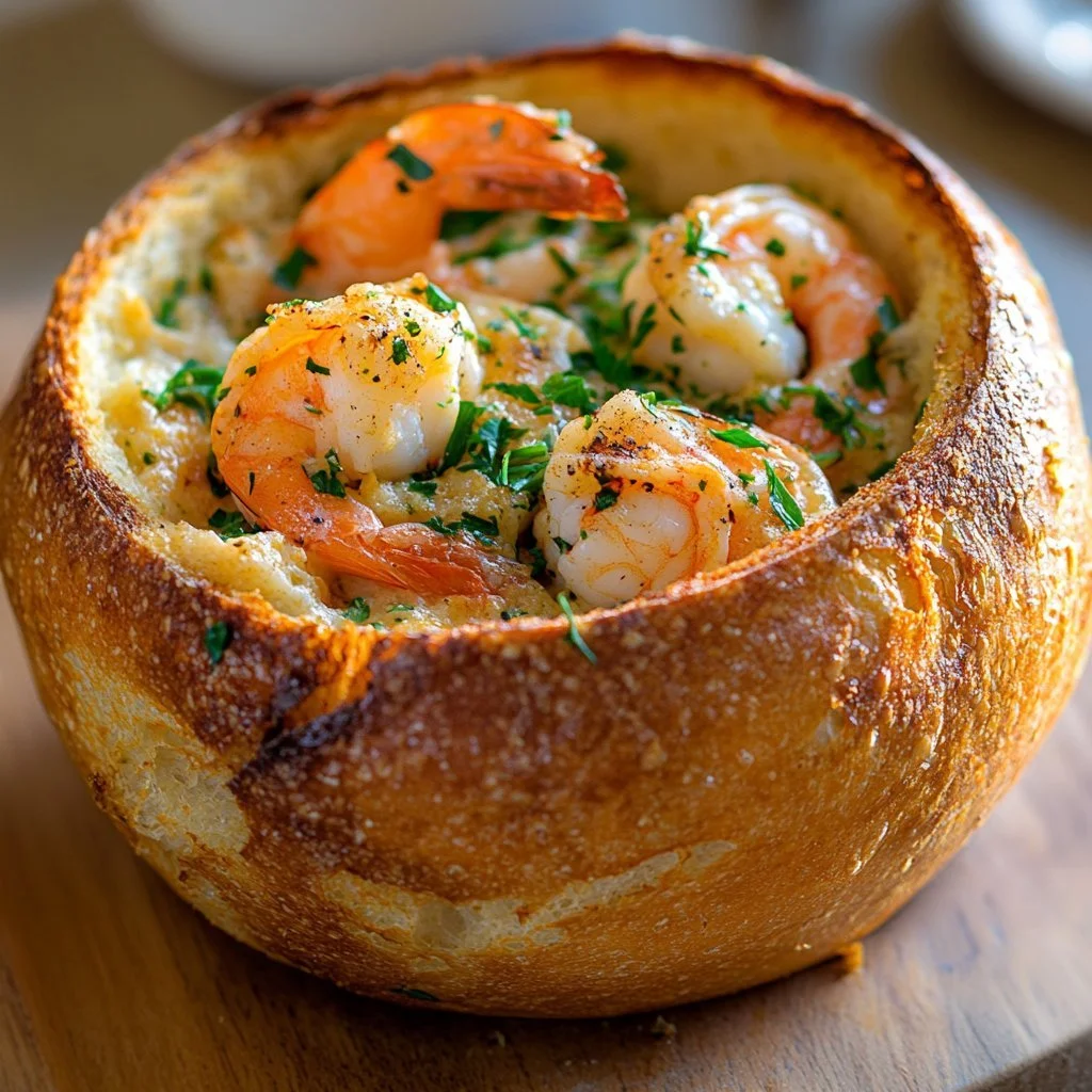 Stuffed seafood bread bowl filled with fresh seafood and herbs