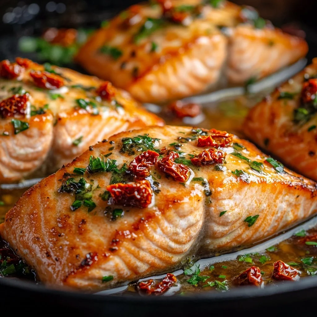 Grilled sun dried tomato salmon garnished with herbs on a plate.