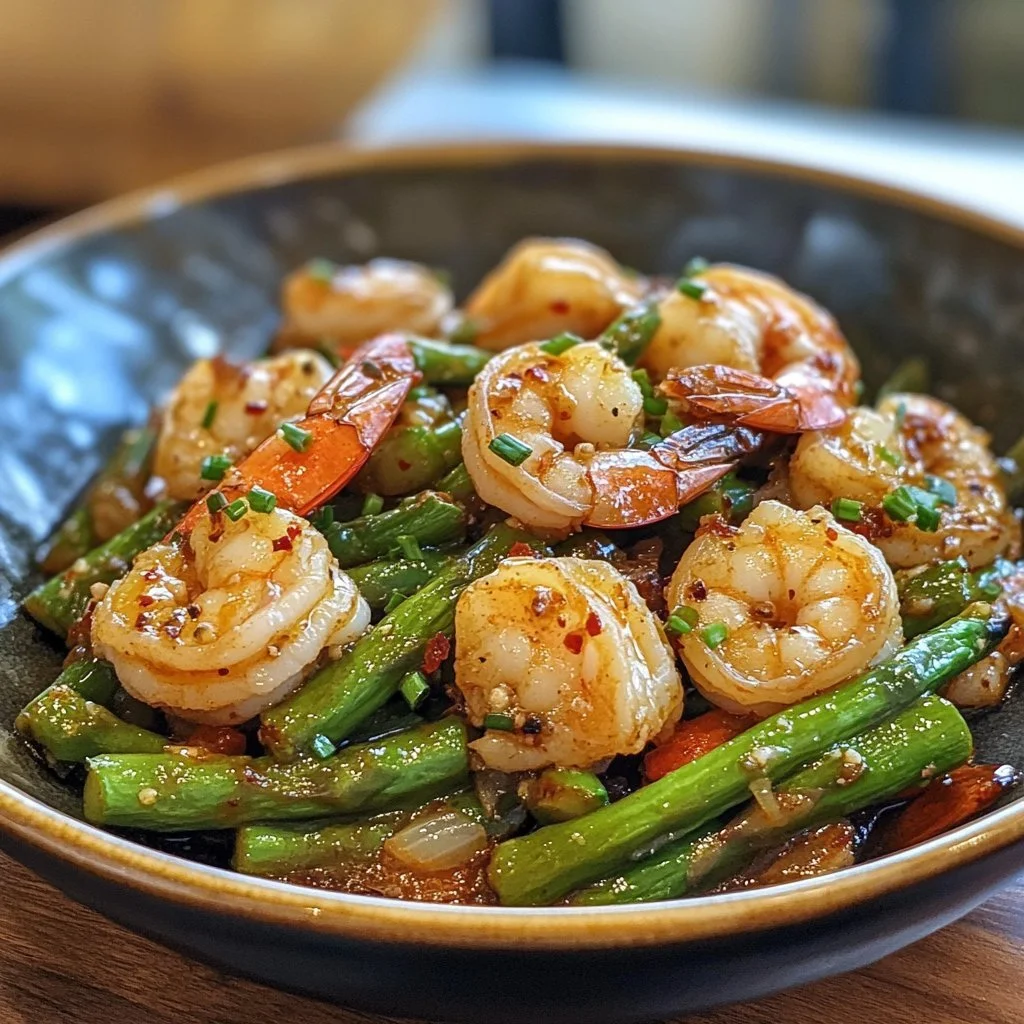 A plate of Sweet Chili Shrimp and Asparagus garnished with herbs and chili flakes
