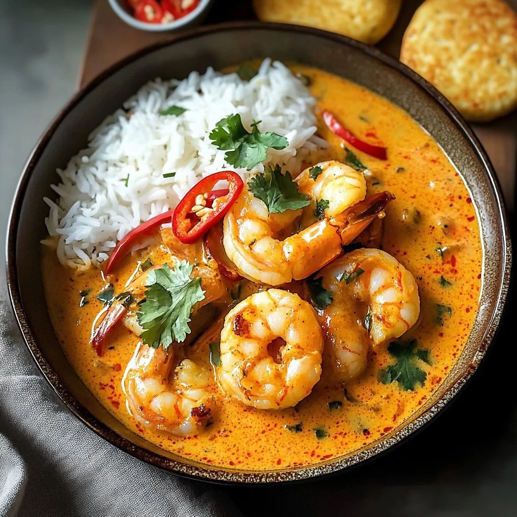 Bowl of Thai coconut shrimp curry with fresh herbs and spices