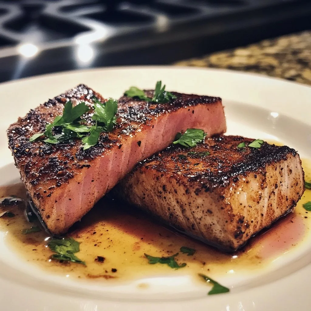 Perfectly cooked blackened tuna steak with seasonings and garnishes.