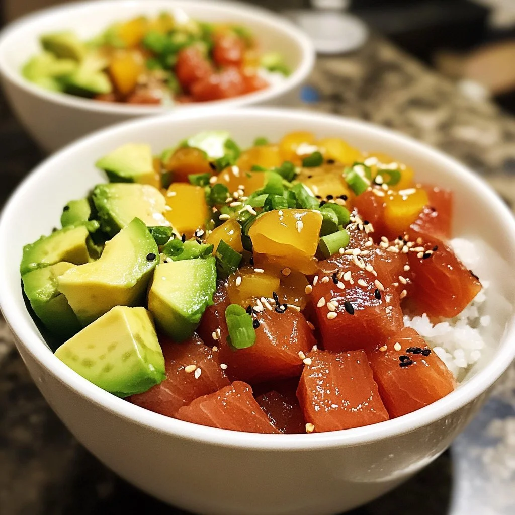 Delicious Tuna Poke bowl with fresh avocado and toppings