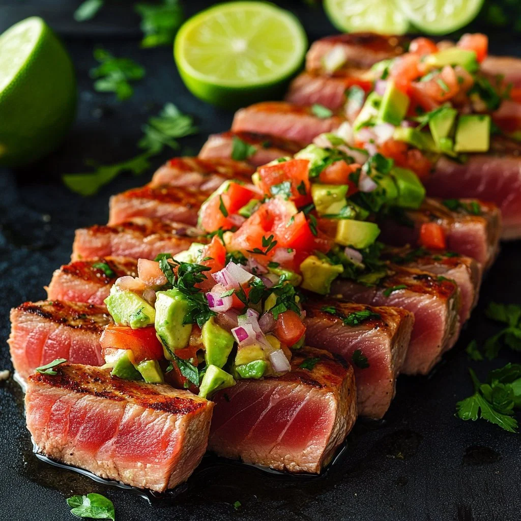 Grilled tuna steak served with vibrant avocado salsa on a plate