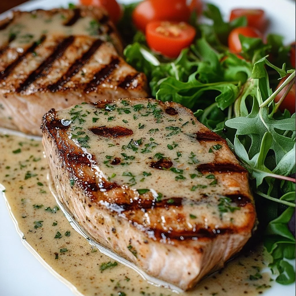 Tuna steaks served with creamy garlic sauce on a plate