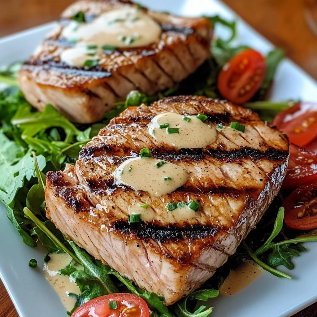 Grilled tuna steaks topped with creamy garlic sauce served with a side salad