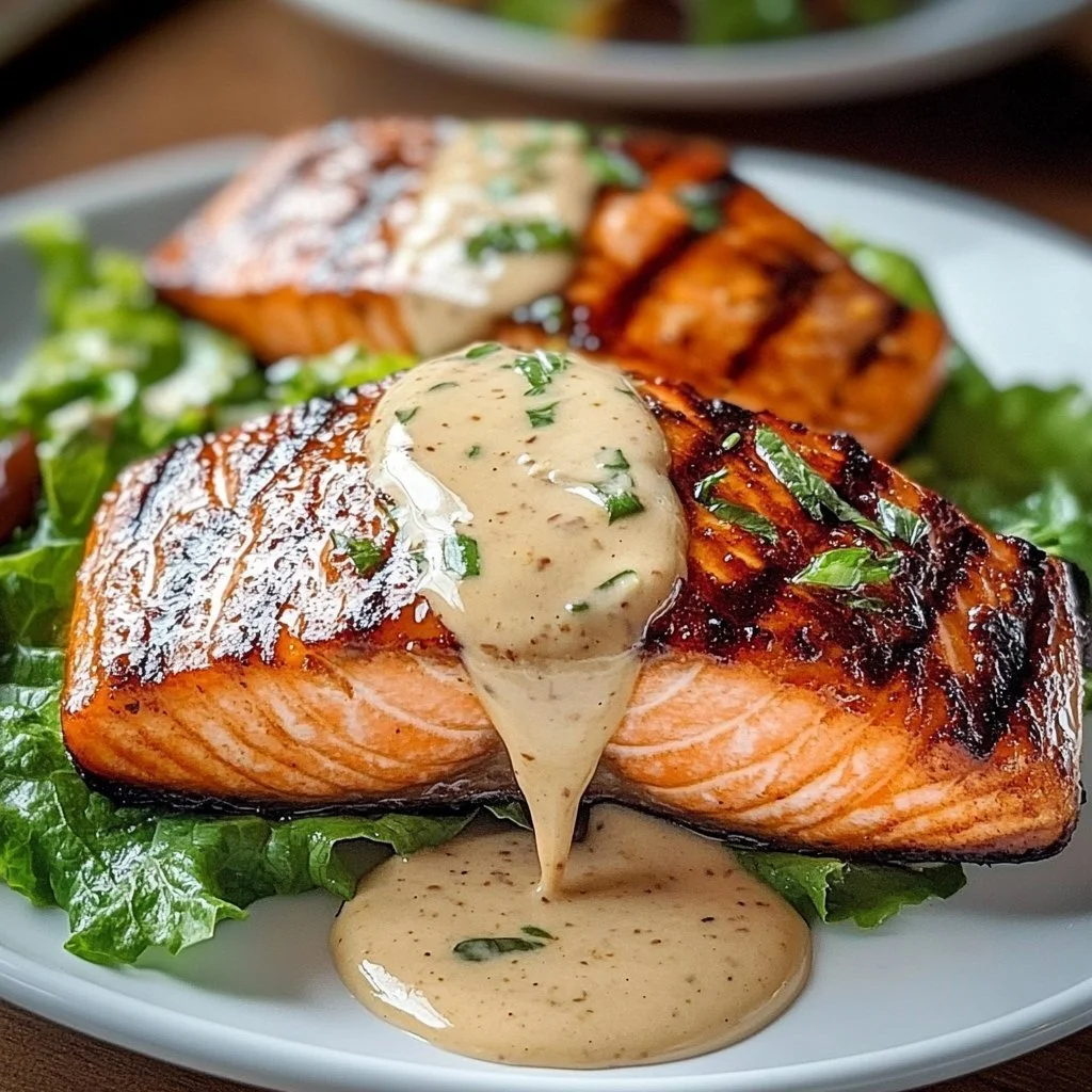 Tuna steaks topped with creamy garlic sauce and served with a fresh salad.