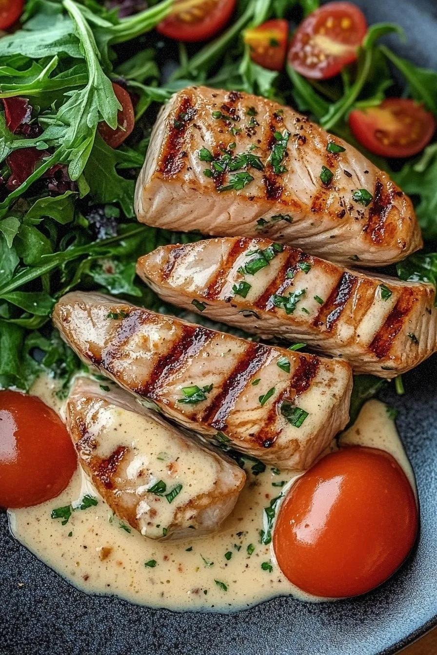 Tuna Steaks with Creamy Garlic Sauce & Salad