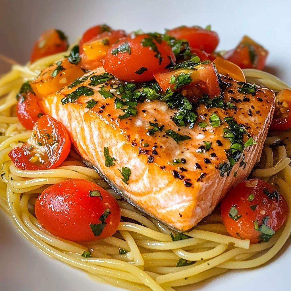 Delicious plate of Tuscan Salmon with fresh herbs and tomatoes