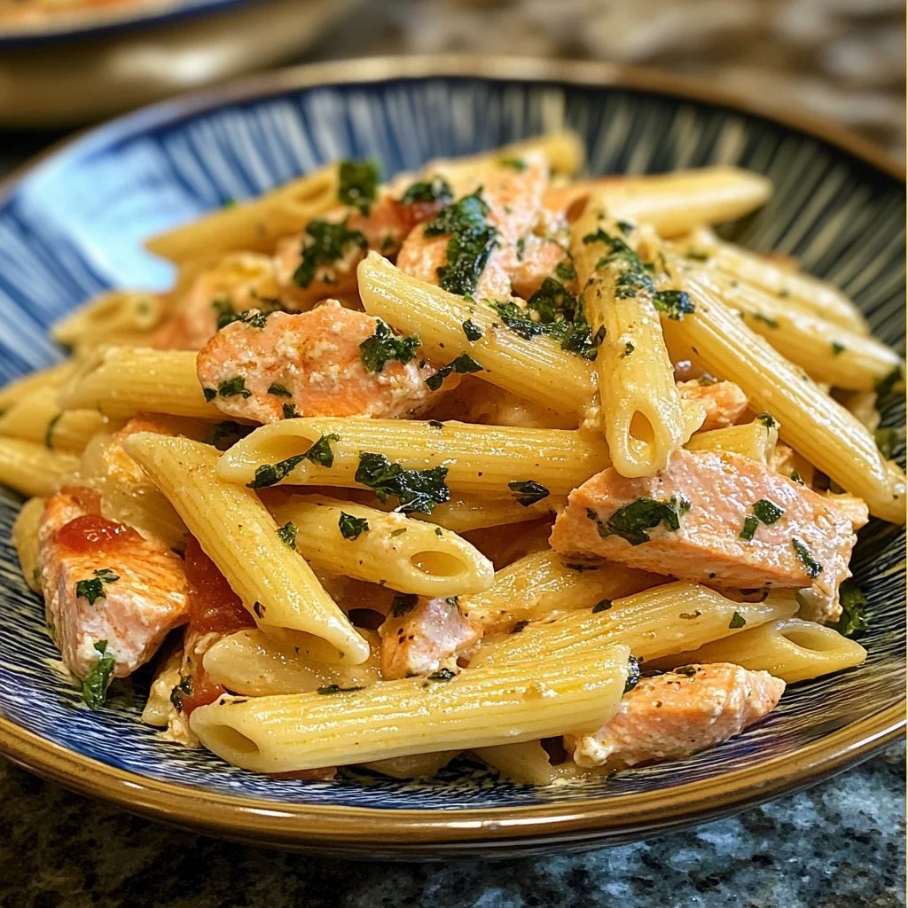 Delicious Tuscan Salmon Penne dish garnished with herbs and served in a bowl.