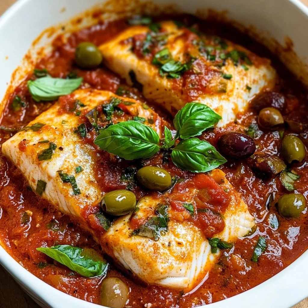 Plate of white fish puttanesca with olives and capers garnished with parsley.