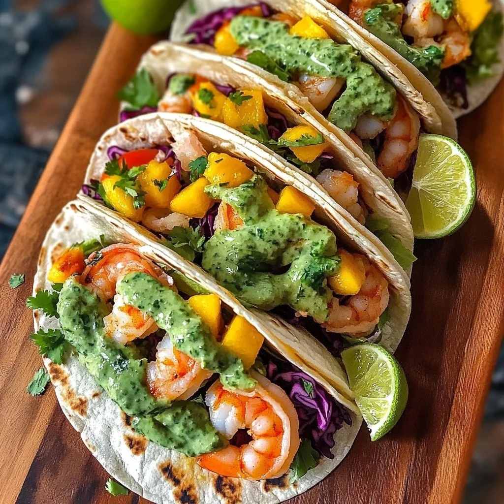 Delicious shrimp tacos garnished with fresh ingredients and served on a plate.