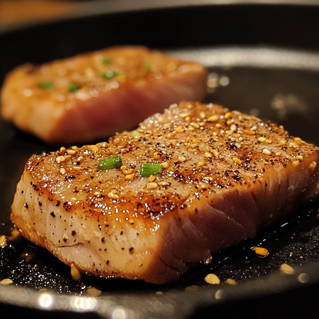 Zesty seared tuna steak garnished with fresh herbs and citrus