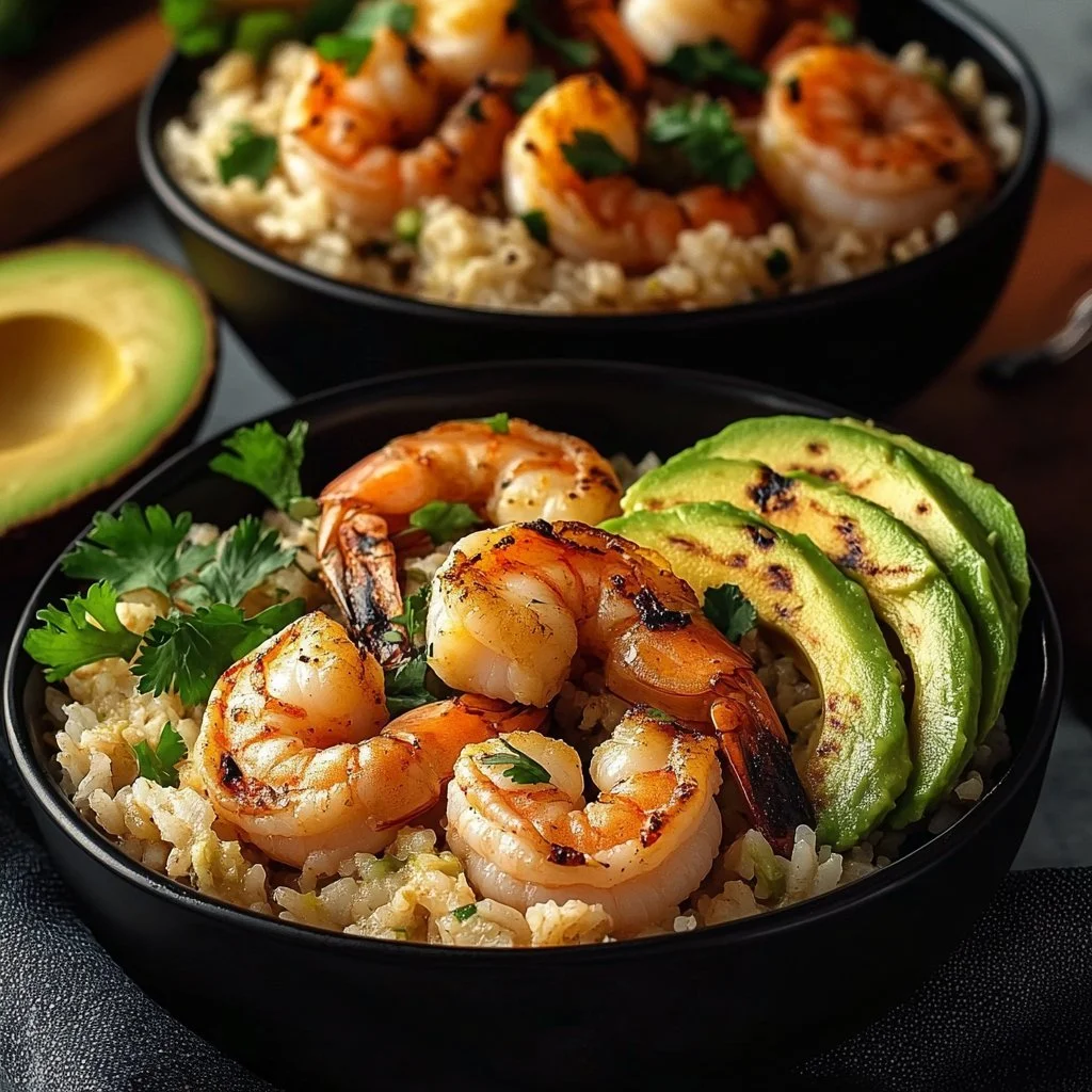 Delicious zesty shrimp and avocado rice bowl garnished with fresh herbs