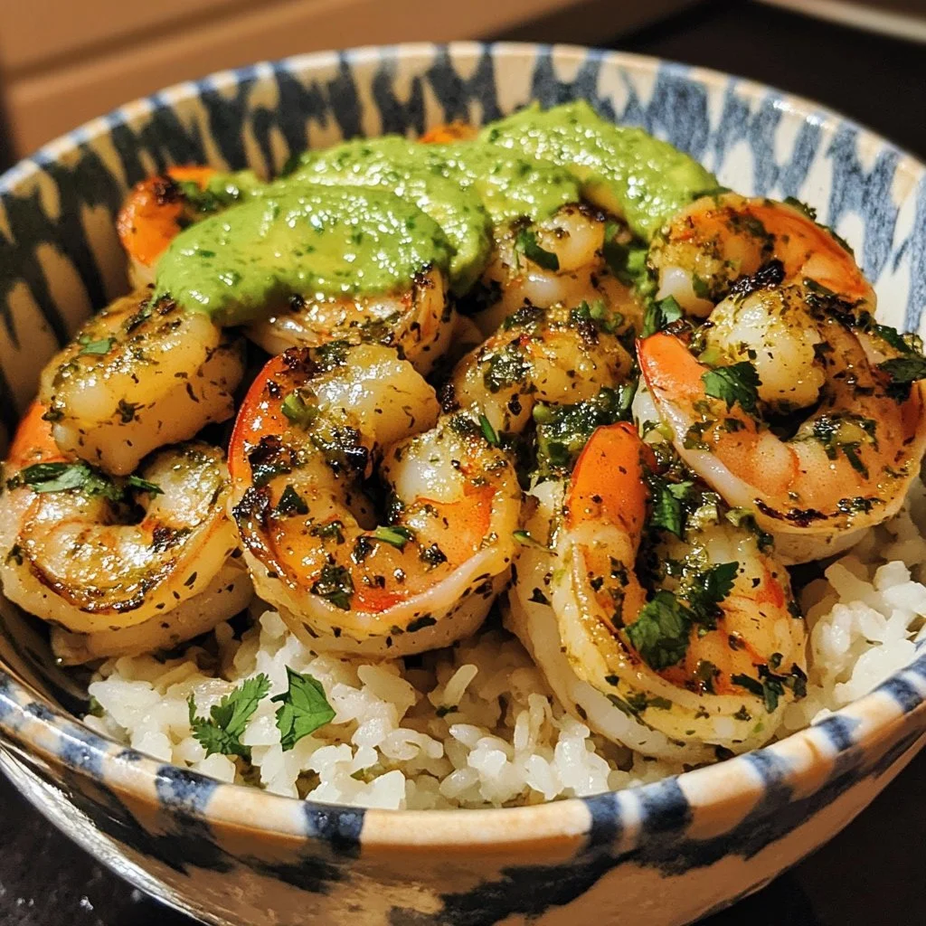 Zesty shrimp avocado rice bowl garnished with fresh vegetables and lime