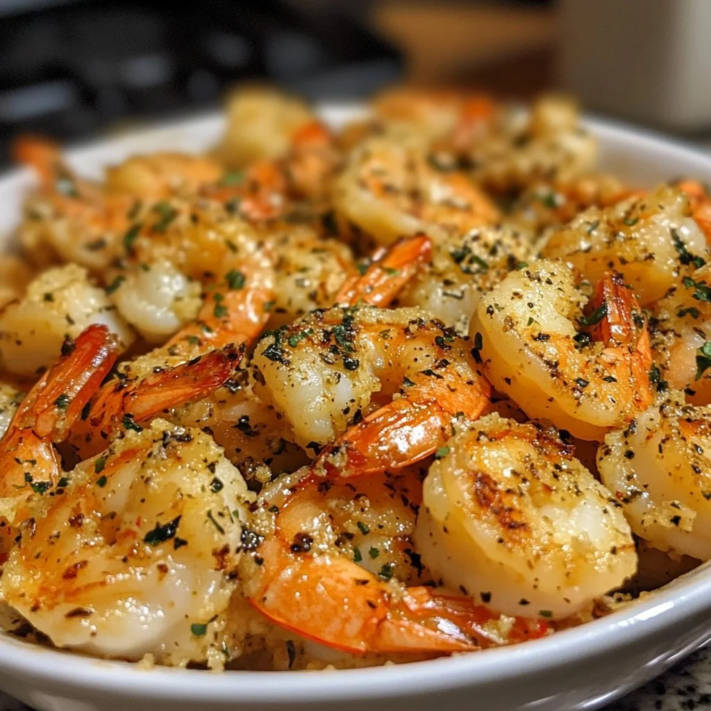Air fryer garlic parmesan shrimp served in a bowl with herbs and cheese garnish