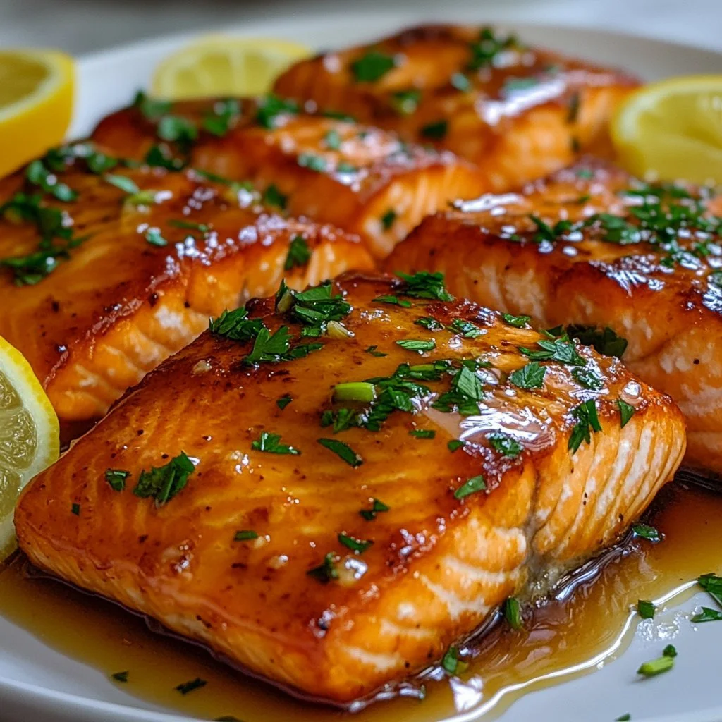 Delicious air fryer honey garlic salmon on a plate garnished with herbs