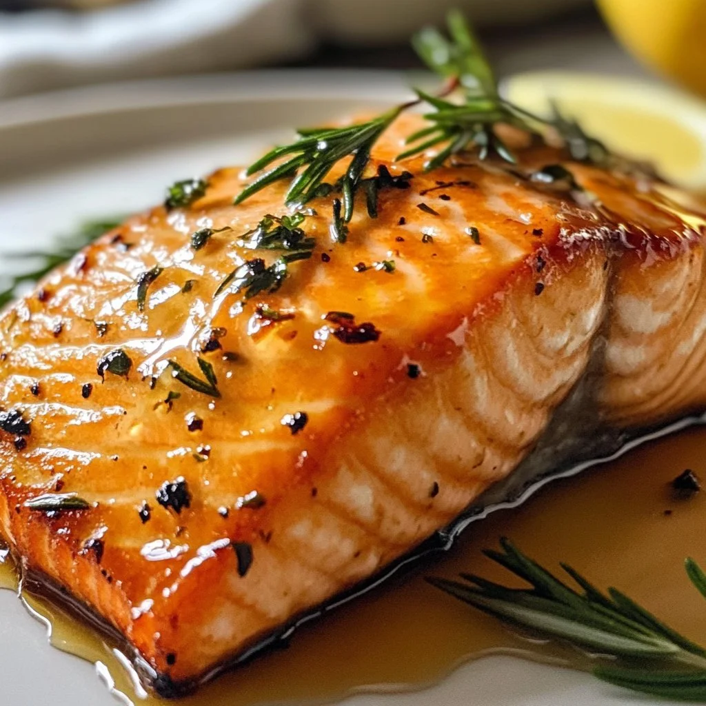 Delicious air fryer honey glazed salmon served on a plate with garnishes.