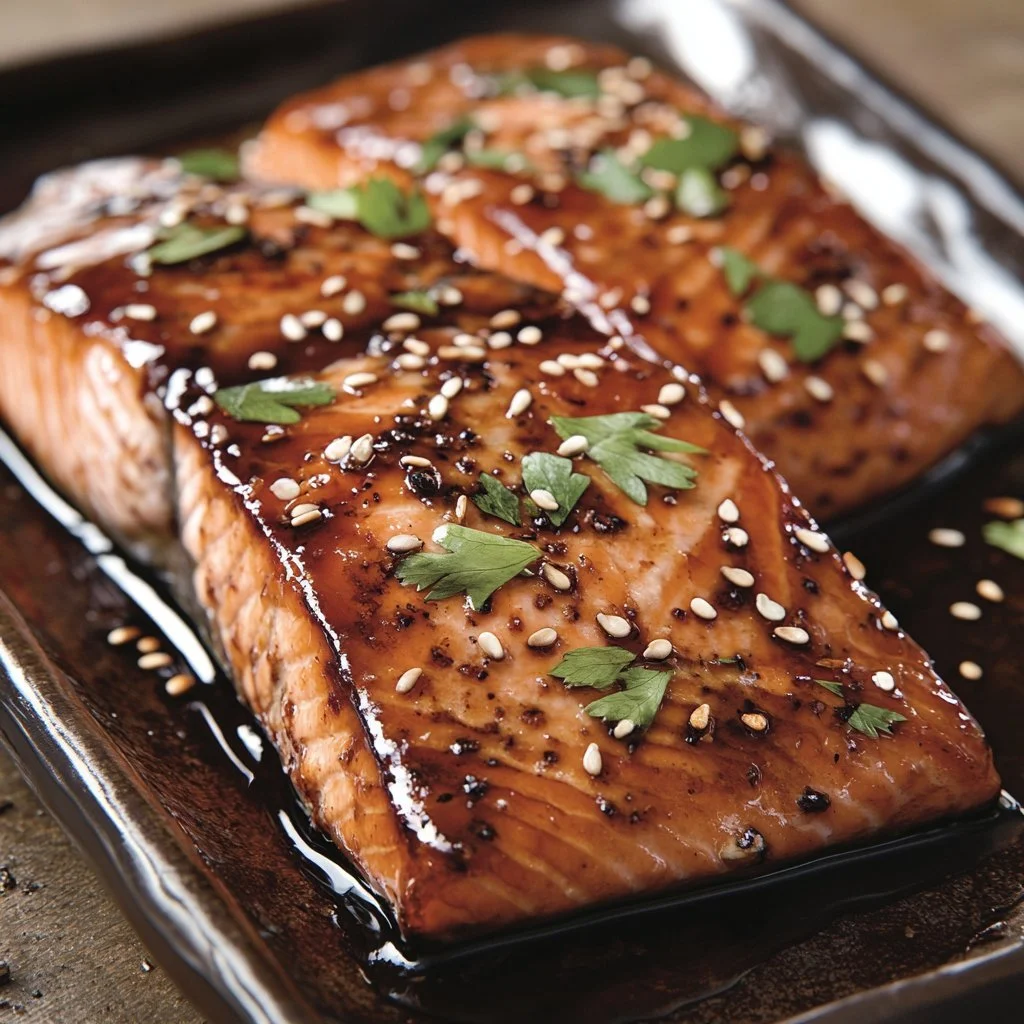 Delicious Asian glazed salmon served with garnishes