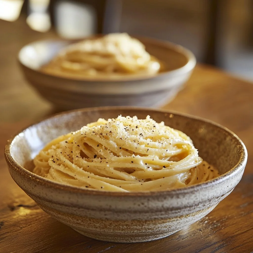 Plate of authentic Cacio e Pepe pasta in a creamy cheese sauce with pepper