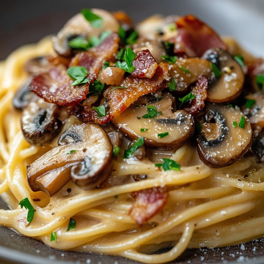 Creamy Bacon Mushroom Pasta topped with fresh herbs and Parmesan cheese