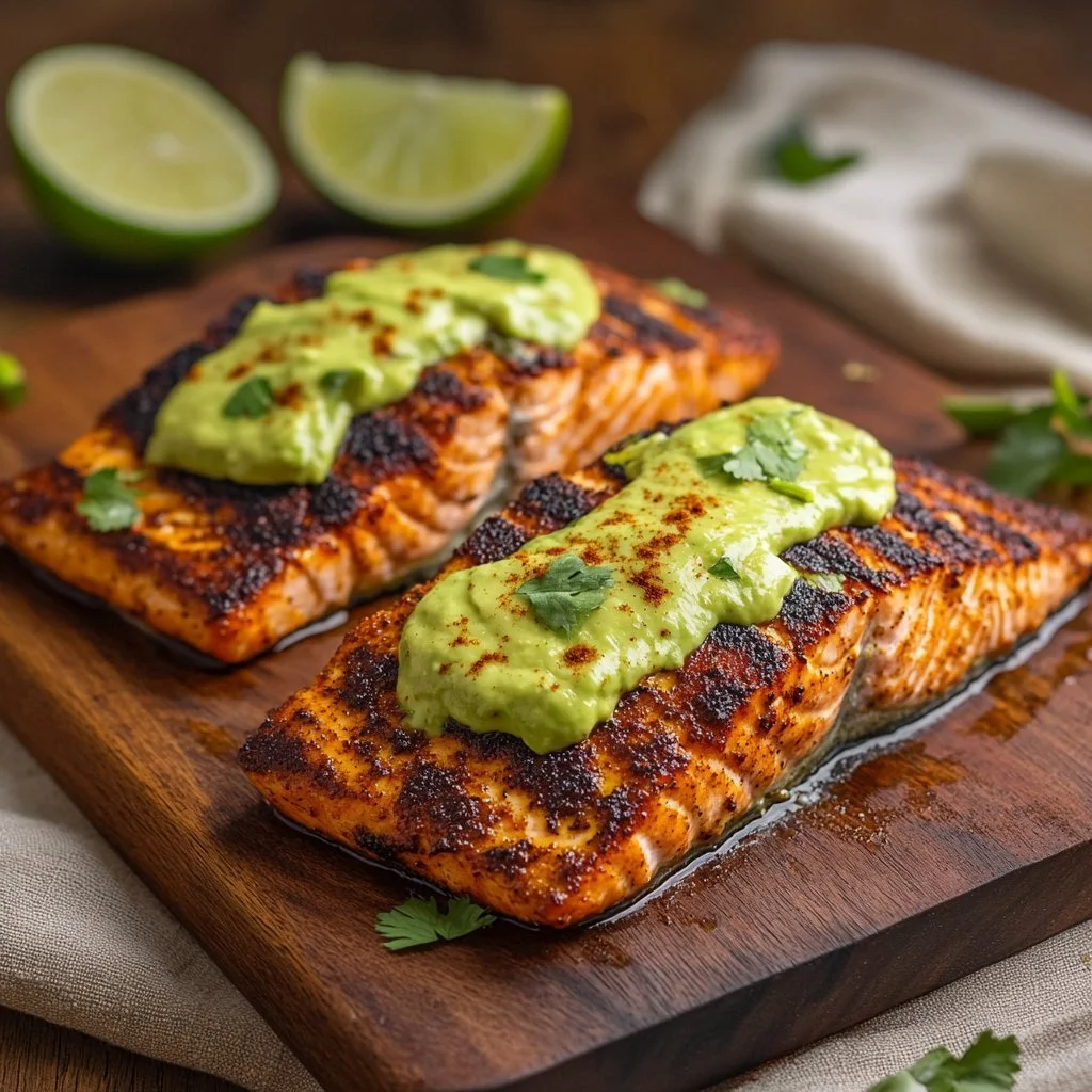 Baked Cajun Salmon served with fresh avocado slices