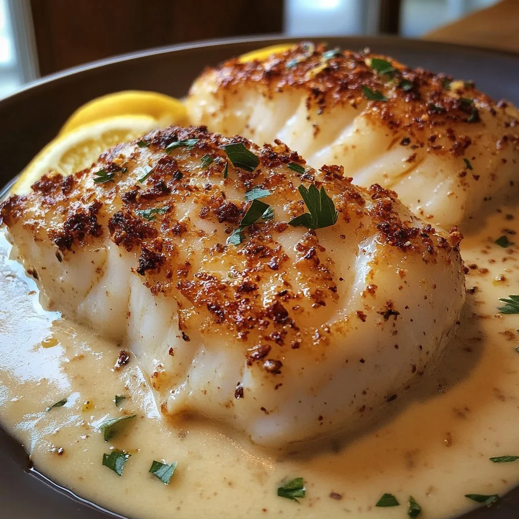 Baked cod fillets in coconut lemon cream sauce served on a plate
