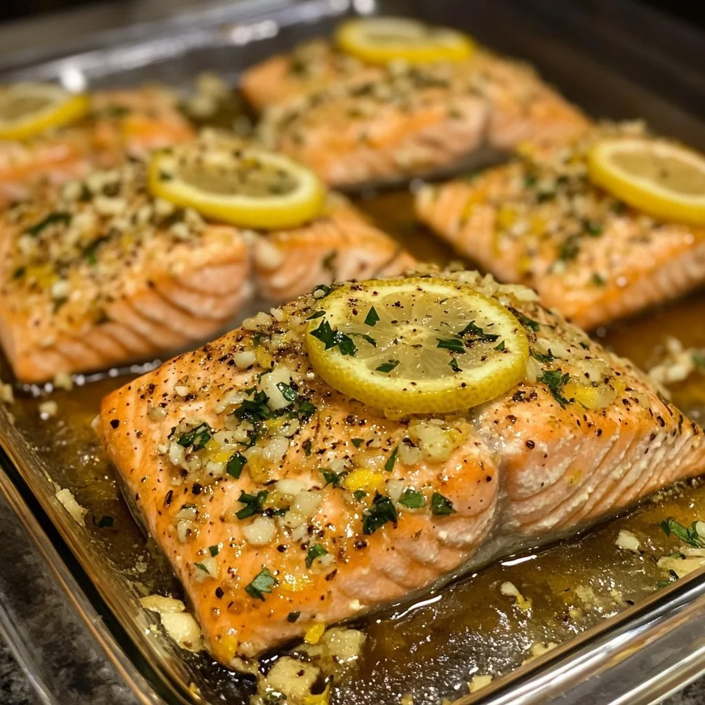 Baked lemon garlic butter salmon served with a lemon wedge on a plate.