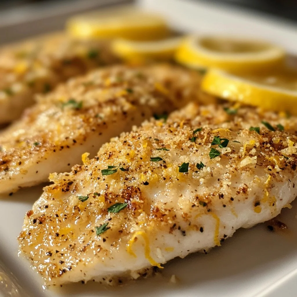 Baked lemon Parmesan tilapia served with fresh herbs and lemon slices