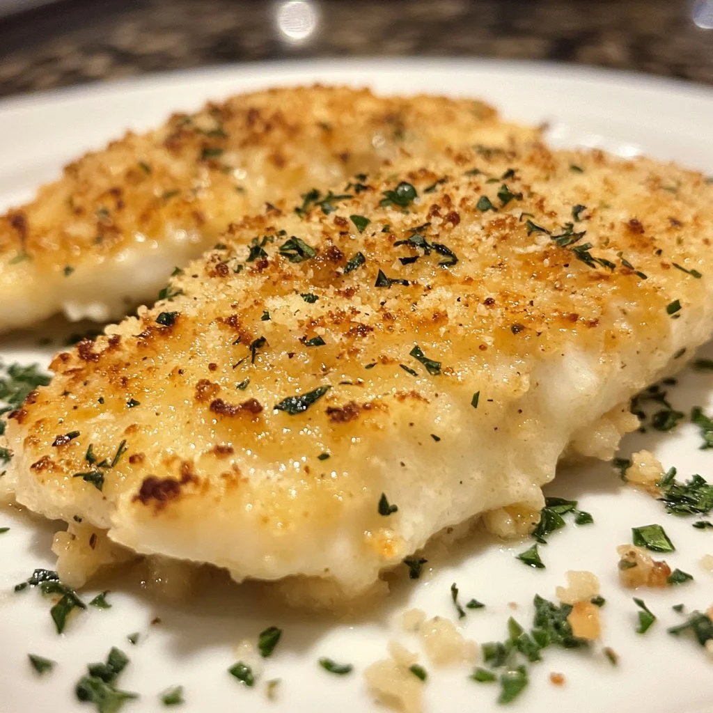 Baked Parmesan Crusted Tilapia on a plate garnished with herbs