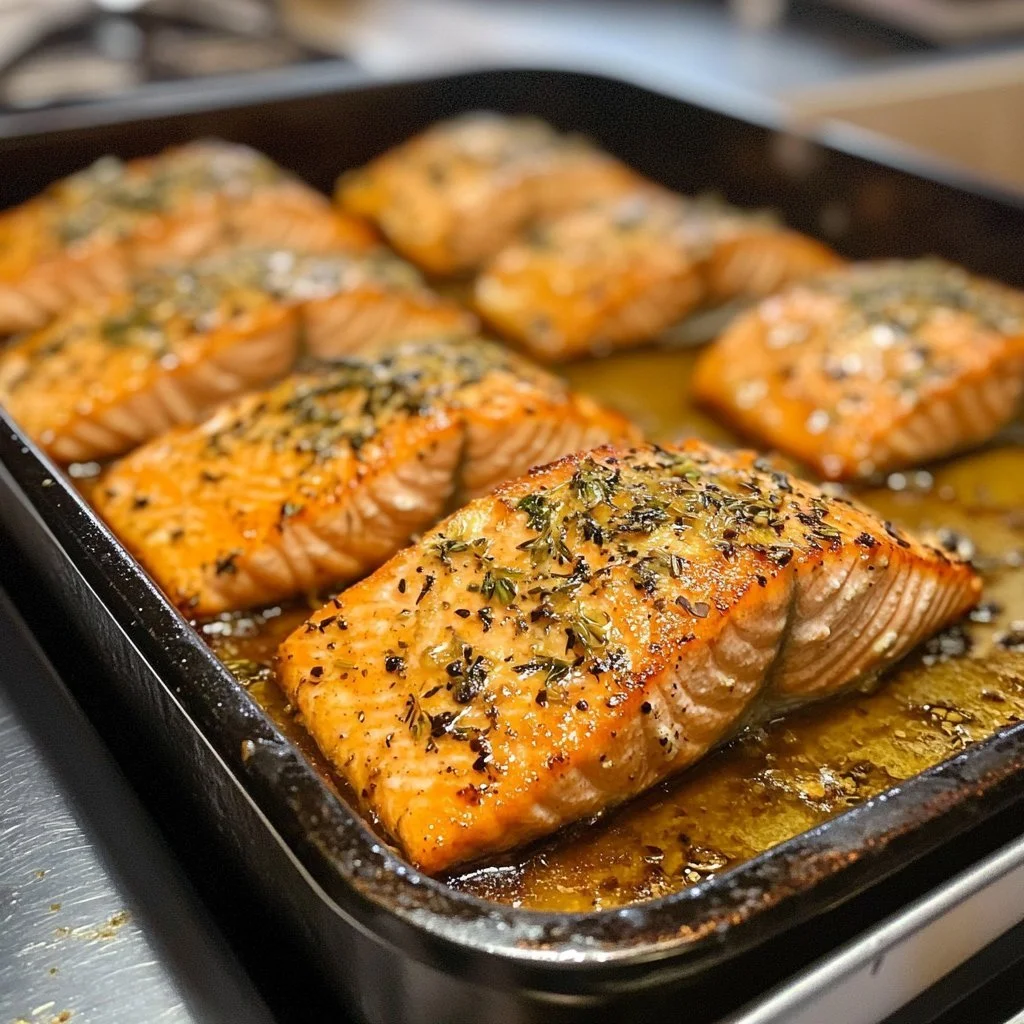 Deliciously baked salmon fillet with herbs and spices on a plate.