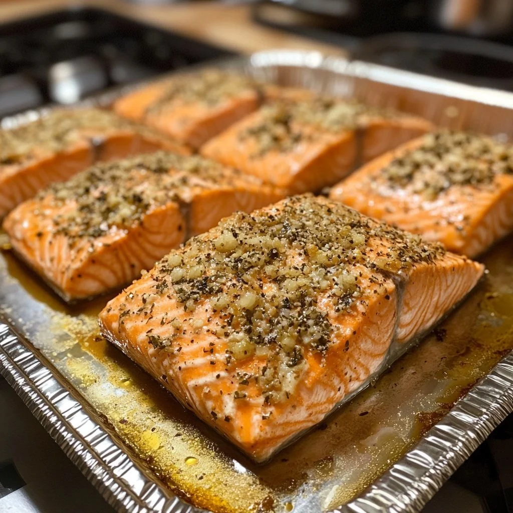 Delicious baked salmon fillet garnished with herbs and lemon