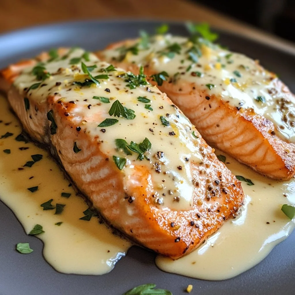 Baked salmon fillet topped with creamy lemon garlic sauce on a plate.